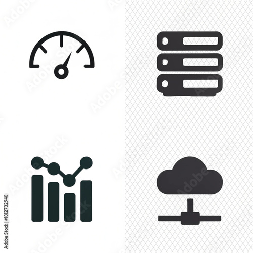 Set of four dark grey flat icons representing data analytics, server hosting, and cloud networking.