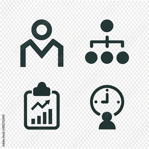 A set of four solid black business management and productivity glyph icons for web design.