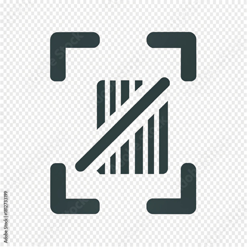 Dark gray flat icon of a failed barcode scan, showing a crossed-out barcode within a scanner frame.