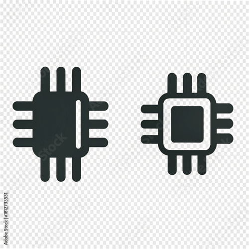 A set of two black, flat design microchip icons, one solid and one with a square outline.