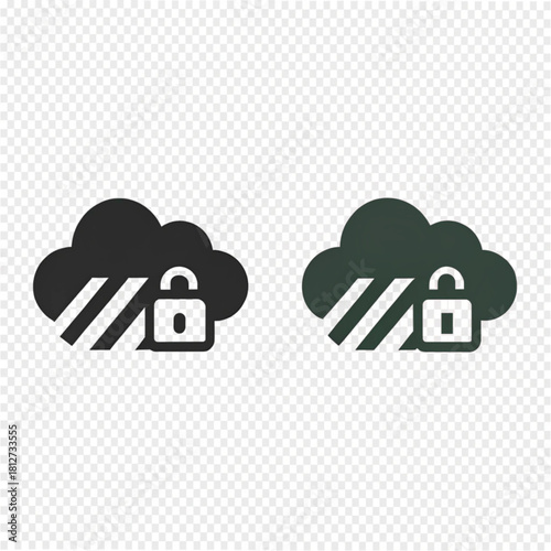 Set of two secure cloud computing icons with a closed padlock symbol and diagonal stripes, representing data protection and privacy.