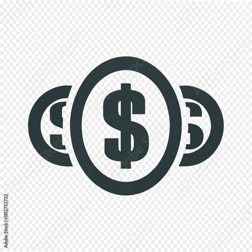 Simple dark grey silhouette icon of three overlapping coins with a central dollar sign.