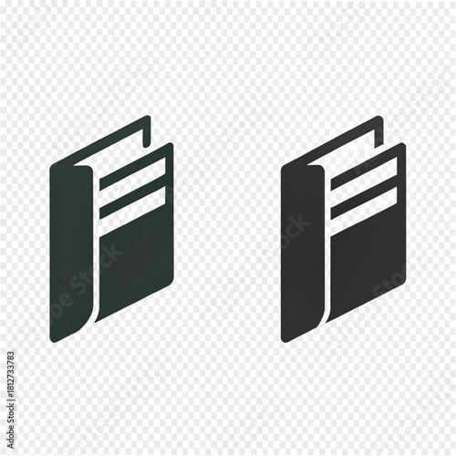 Set of two minimalist isometric book icons in dark gray and black, showing a slightly open book with a solid cover.