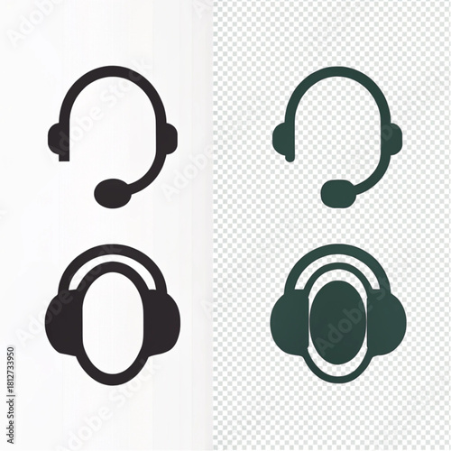 Set of four minimalist black and green icons depicting a headset with a microphone and over-ear headphones for audio communication.