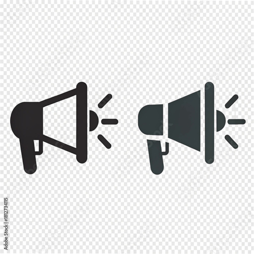 Set of two megaphone icons, a solid black glyph and a dark gray version, symbolizing announcement and sound.