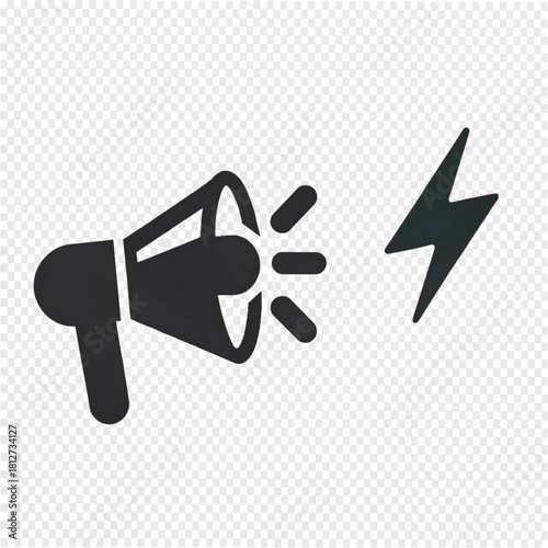 Black silhouette icon of a megaphone with sound waves and a lightning bolt symbol representing a powerful announcement.