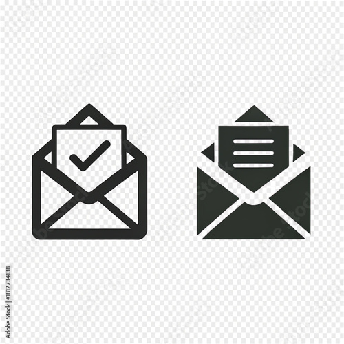 A set of two open envelope icons, one outline with a checkmark and one solid with text lines.