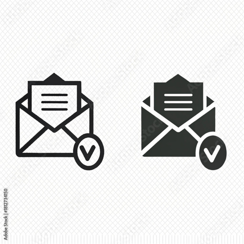 Email confirmation icon set with open envelope, letter, and checkmark in line and solid glyph styles.