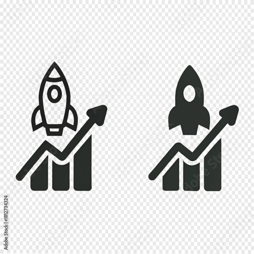 A set of two black rocket launch icons over a rising bar chart, representing business growth and startup success.