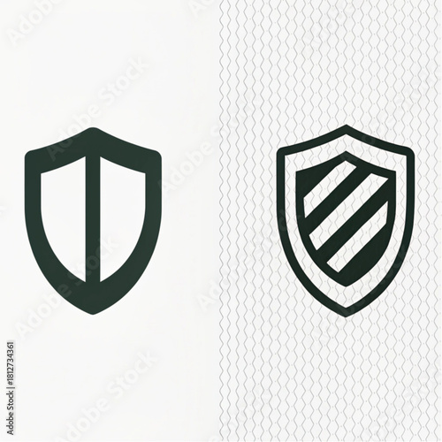 Set of two dark green security shield icons, a simple bisected design and a striped emblem.