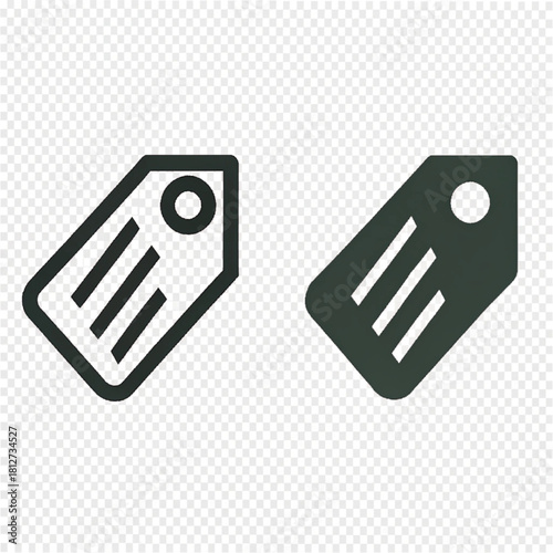 A pair of dark grey tag icons, one line art and one solid fill, featuring a hole and three diagonal stripes.