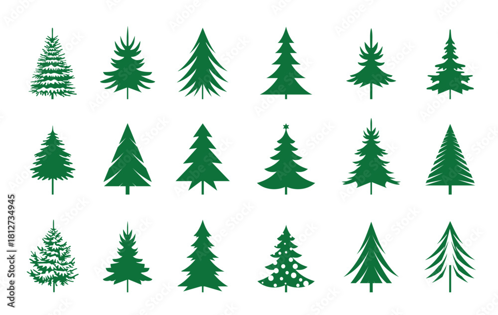 Fototapeta premium Set green Christmas Trees. Vector Illustration and Icons