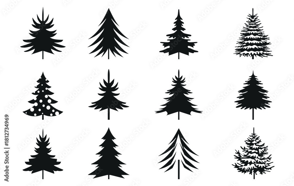 Obraz premium Set black Christmas Trees. Vector Illustration and Icons