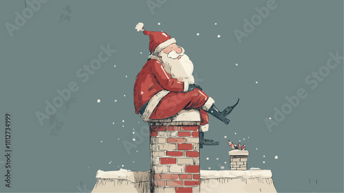 Santa sits on a brick chimney during snowfall, quiet Christmas night scene in soft blue tones, simple clean shapes and calm seasonal mood, with text space