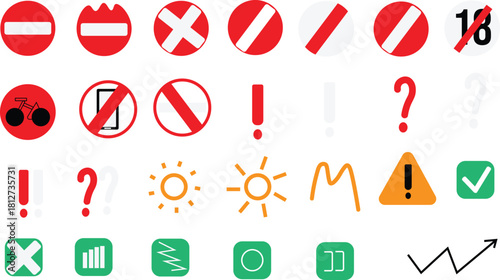 Assorted icon set with red green yellow and black symbols on white