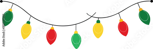 Festive Multicolor Hanging Lights A string of lights with red, green, and yellow bulbs hangs from.