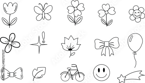 Hand drawn doodle icons of flowers butterflies bows and other objects