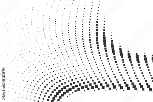 Bold angular halftone wave formed by increasing black square dots creating powerful geometric motion over a bright white background offering a striking abstract texture 