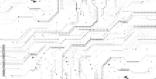 Halftone dotted circuit pattern creating dynamic electronic pathways across a clean modern tech background ideal for futuristic digital concepts and innovative technology designs