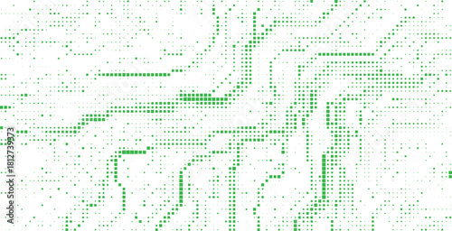 Green halftone data circuit pattern forming abstract flowing digital network background with dotted electronic pathways ideal for futuristic technology visuals and innovation themes
