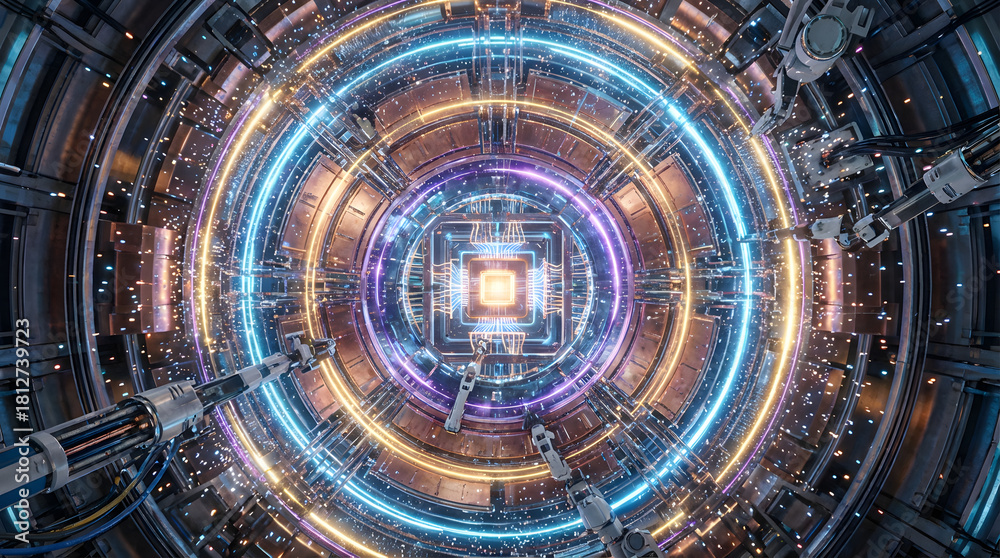 Fototapeta premium Wide-Angle Quantum Computing Core, Futuristic Quantum Computer Interior, Floating Particles High-Tech View