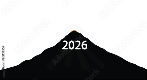 Summit of a dark mountain with the year 2026 illuminated at the peak, symbolizing achievement and future goals.