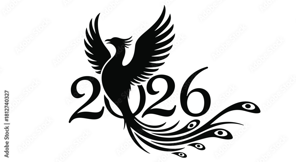 Obraz premium Symbolic phoenix rises with the year 2026, representing rebirth and future.