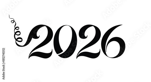 Elegant artistic typography for the year 2026, with a playful curly flourish