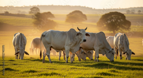 Gado nelore branco pastando em campo verde ao pôr do sol