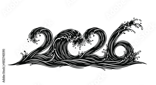 Dynamic ocean waves forming the year 2026, symbolizing new beginnings and powerful change.