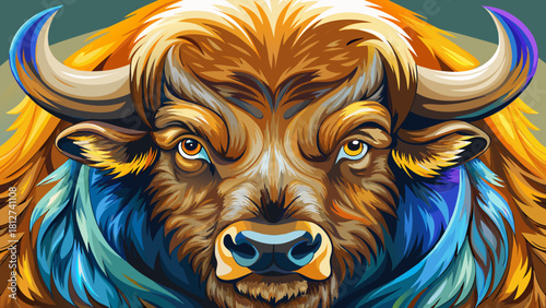 Very beautiful  Close-up portrait watercolor Big Bison Buffalo , power animal wildlife , strong