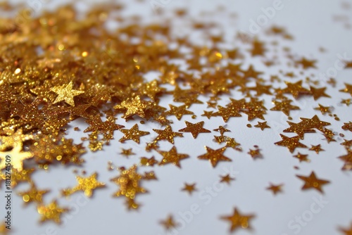 Shimmering Gold Star Confetti Scattered on a Light Background for Festive Celebrations