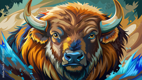 Very beautiful  Close-up portrait watercolor Big Bison Buffalo , power animal wildlife , strong