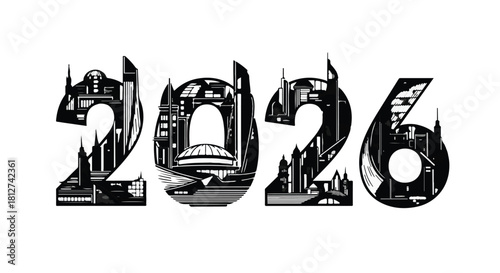 Futuristic cityscape art forming the year 2026, symbolizing progress and the future.