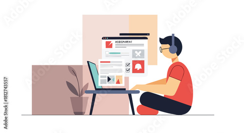 Male student with headphones and glasses completing or submitting an online assignment or homework task on a laptop.