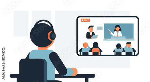 Student or user watching a live online lecture or educational webinar presented by two instructors on a large screen with headphones.