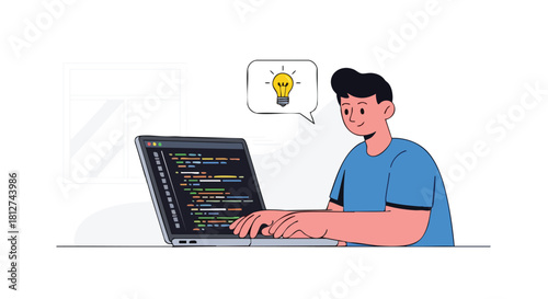 Male programmer or student coding on a laptop with a sudden new idea represented by a lightbulb.