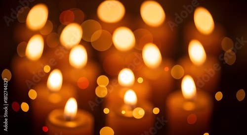 Warm lit candles surrounded by glittering gold, red, and orange bokeh effect.