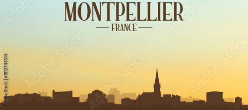 Panoramic poster of the city skyline with misty background buildings, hills sunrise, sunset and clouds of MONTPELLIER, FRANCE