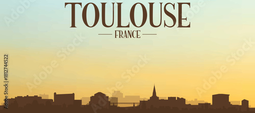 Panoramic poster of the city skyline with misty background buildings, hills sunrise, sunset and clouds of TOULOUSE, FRANCE