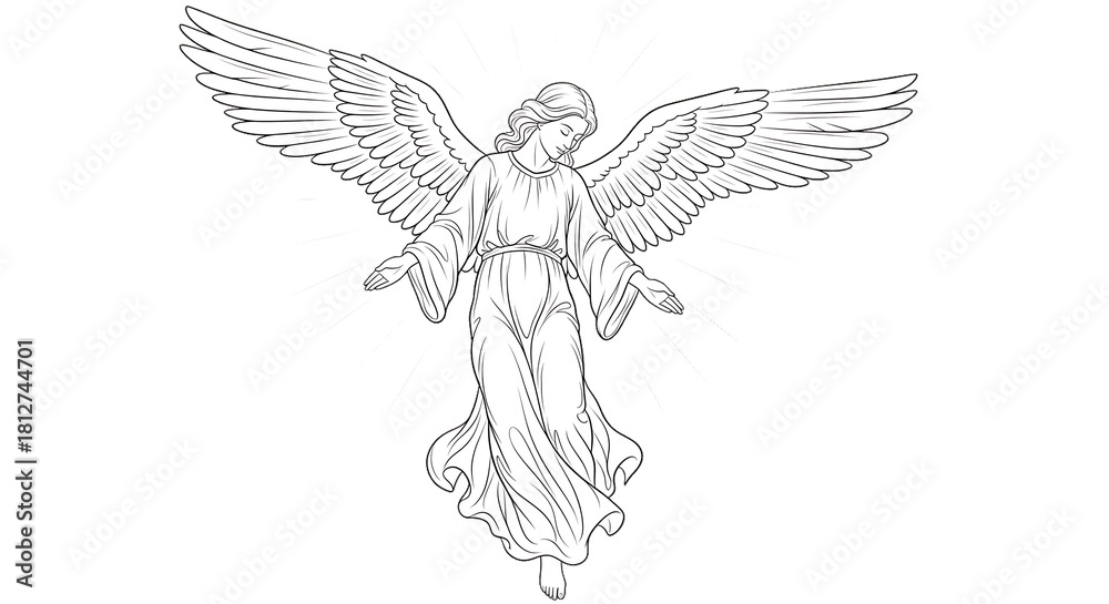 Fototapeta premium Elegant angel with outstretched wings, radiating heavenly light, a symbol of hope, spirituality, and divine guidance for inspirational designs and artistic projects