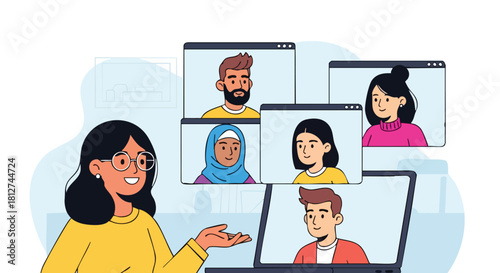 Female teacher or presenter leading a multicultural group video conference with diverse students or colleagues on a laptop.