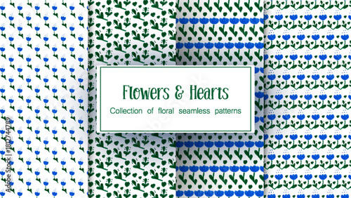 Blue floral pattern for background. A collection of seamless patterns with flowers and hearts. Vector illustration of blue flowers and green leaves.