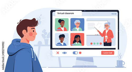 Male student participating in a virtual video conference classroom lesson with his teacher and diverse classmates.