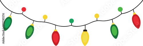 Festive Multicolor Hanging Lights A string of lights with red, green, and yellow bulbs hangs from.