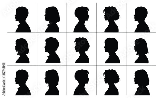 Set of Black Silhouette Heads and Hairstyles in Profile View for Various Ages and Genders Isolated on White and Transparent Background Vector Illustration