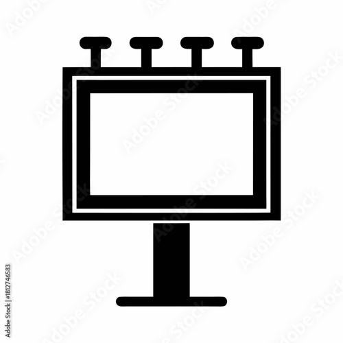 Clean white rectangular billboard display icon with two overhead lights on a sleek stand.