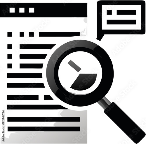 Black and White Data Analysis Icon with Magnifying Glass and Document.