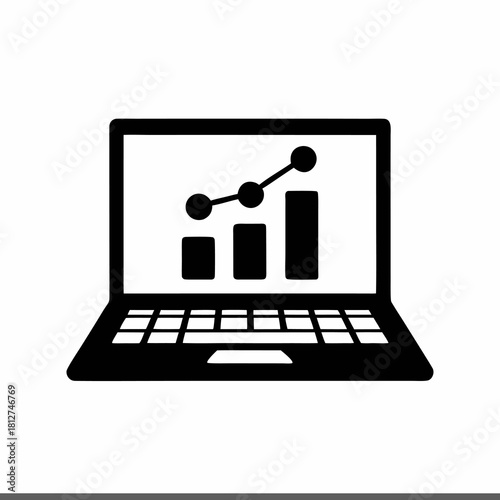 White Laptop Computer with Graph Icon Displayed on Screen Isolated.