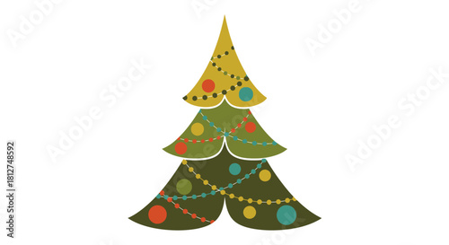 Festive Stylized and Colorful Christmas tree illustration with retro style and cheerful holiday colors for cards and social media posts
